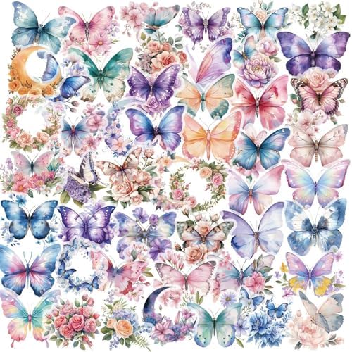 50 Butterfly Stickers, PET Waterproof Transparent Colorful Resin Decals Self-Adhesive Scrapbooking Stickers Supplies Journal Stuffers for Adult Card Making Letters DIY (Butterfly)