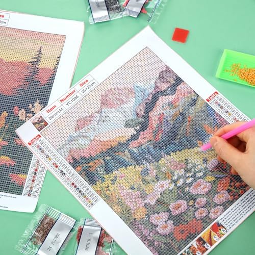 Yeaqee 4Pcs Diamond Art Kits for Adult Gem Painting Kit, Flower Mountain