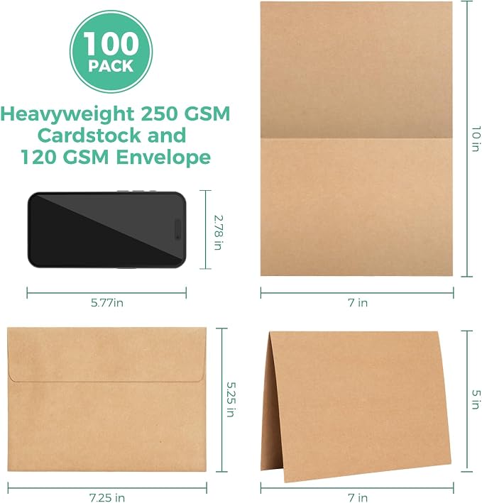 Ohuhu A7 Blank Brown Kraft Cards and Self-Seal Envelopes 100 Pack | 5" x 7" Folded Cardstock Paper and A7 Envelopes for DIY Greeting Cards Wedding Birthday Invitations Party & All Occasions