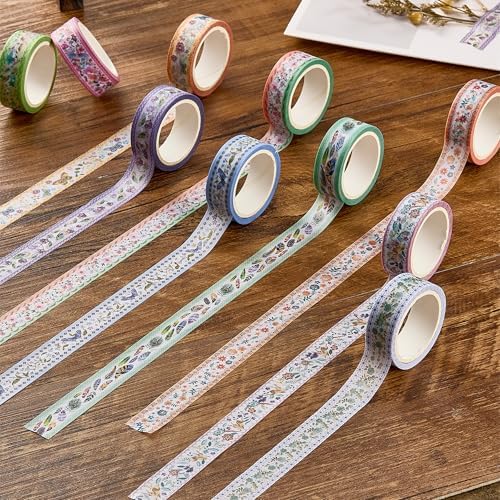 YUBBAEX 10 Rolls Embroidery Pattern Washi Tape Set - Decorative Adhesive Masking Tape for Scrapbooking, Journaling, DIY Crafts, Gift Wrapping – Vintage Floral and Nature Designs