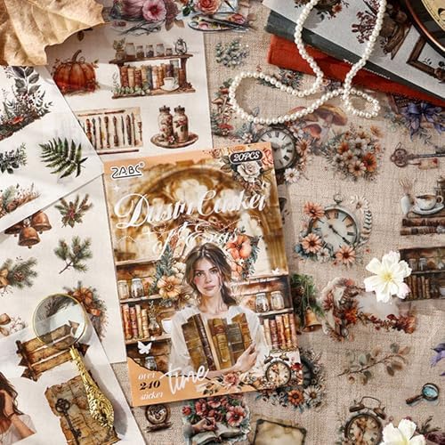 Dust-Locked Time Sticker Scrapbooking Supplies for Junk Journal, 20 Sheets PET Stickers - Vintage Journaling Stickers