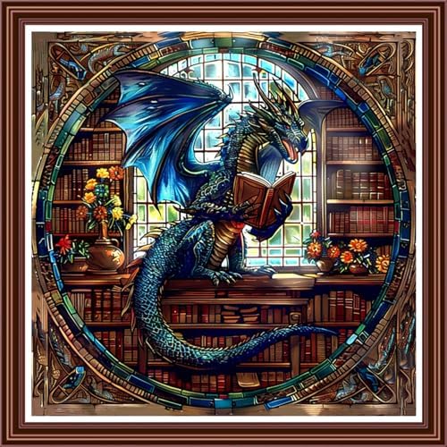 Dimensean Counted Cross Stitch Kit for Beginners, 11CT Unprinted Cross-Stitch Kit Easy Patterns Needlepoint Kit Cross Stitching Embroidery Kit Supplies-Dragon Reading on the Bookshelf 18x18 inch