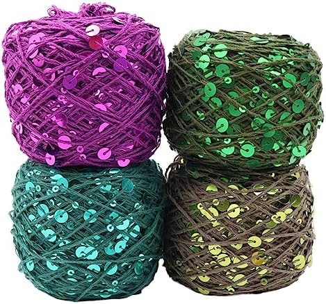 Shimmering Sequin Cotton Yarn 153yard Sparkling Thread Crochet Strings for Headband Beanie Knitting Sweater Weaving DIY Stitch Winter Accessories Rag Doll (Khaki)