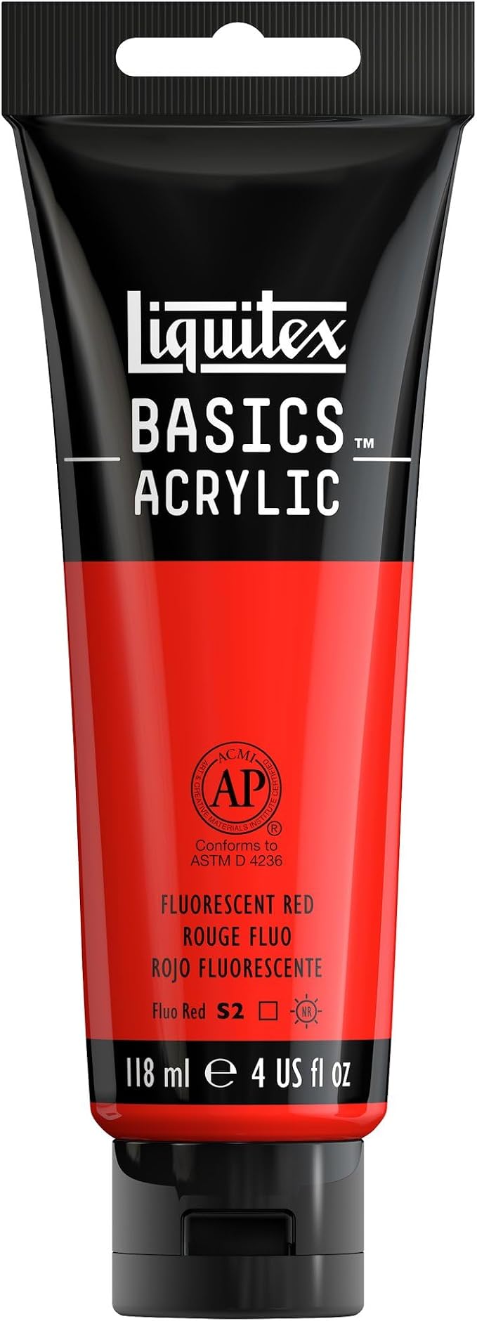 Liquitex BASICS Acrylic Paint, 4-oz Tube, Fluorescent Red | Medium Viscosity, Satin Finish, Lightfast, Fine Art Pigments, Range of Opacities, Easy Blending