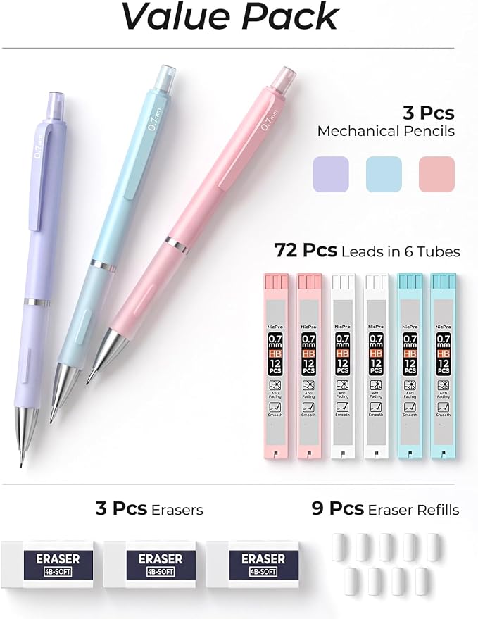 Nicpro 3PCS Cute Mechanical Pencil Set with Case, 0.7 mm Pencils