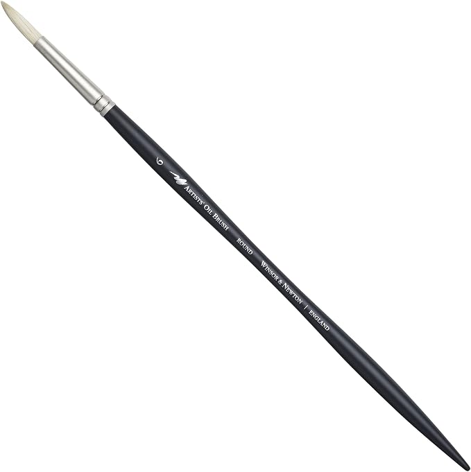 Winsor & Newton Artists' Oil Hog Paint Brush, Long Handle Size 6, Round | Handcrafted with interlocked Chungking bristles; Have spring, stiff, & flagged allowing large amounts of colour to be carried