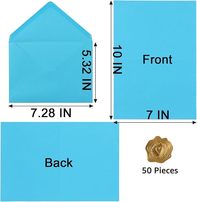 50 Pack A7 Colorful Envelopes with 5x7 Folded Cardstock Gold Stickers | With Blank Cards For Greeting Cards, Wedding, Birthday Party, Baby Showers, Invitations