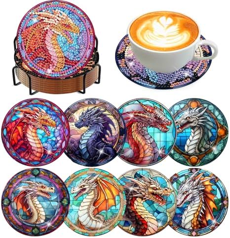 8 Pcs Diamond Art Coasters Kit for Adult with Holder, Diamond Coaster 4x4in