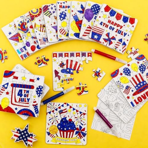 24 Sets 4th of July Patriotic Crafts for Kids, Independence Day Crafts Activities DIY Puzzle Kits Red White Blue Flag Star Memorial Day Jigsaw Painting Arts for Party Favors Gift Supplies Coloring Toy
