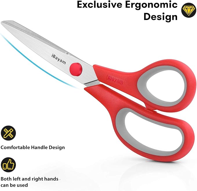 iBayam 8.5" Household Scissors All Purpose 3 Pack, Red Black Blue Scissors | Ultra Sharp 2.5mm Thick Blade Shears Comfort-Grip for Office Desk Sewing Fabric Home Craft School Supplies, Right/Left Handed