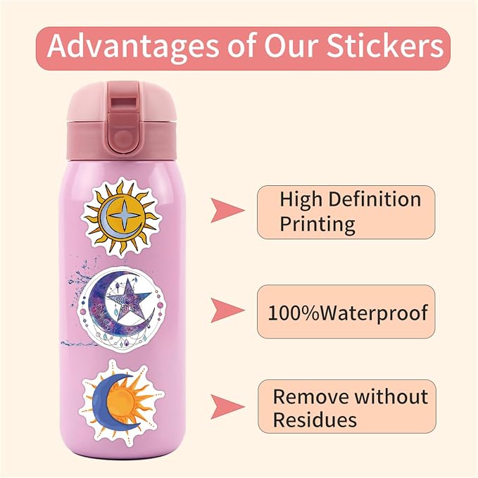 55pcs Moon and Star Stickers, Decals Vinyl Waterproof Stickers for Water Bottle Laptop Luggage Helmet Skateboard Snowboard Guitar Scrapbook Phone Gifts for Teens Girls Kids Adult (Colourful-F6)