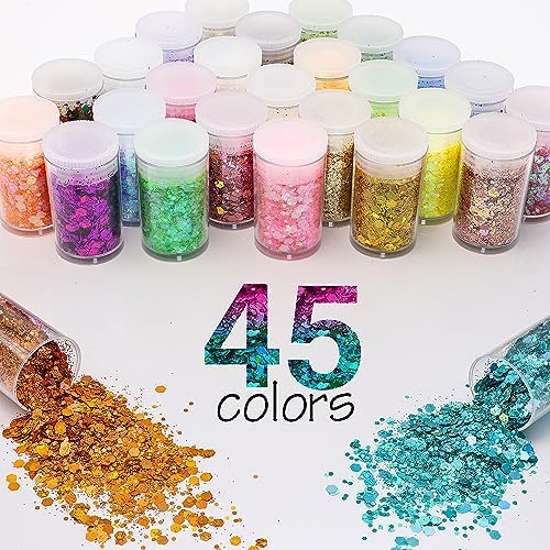 45 Holographic Chunky Sequins & Fine Powder Glitter Mix, Iridescent Glitter Flakes for Face, Body, Eye, Nail Art & Resin Epoxy