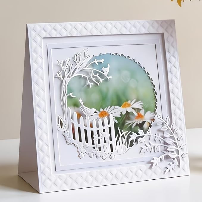 Scrapbooking Die-Cuts, Happy Birthday Ballon Metal Cutting Dies for Card Making, Paper Craft Punch Template, Background Embossing Stencils, DIY Album Décor(Garden with Fence-11.1x8.2cm)