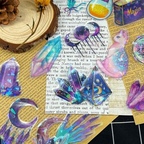 50 Pack Magic Witch Holographic Stickers for Teens- Transparent Waterproof PET Stickers for Journal, Phone Case, Cup, Laptop, Scrapbook- Ins Aesthetic Scrapbook Decorations