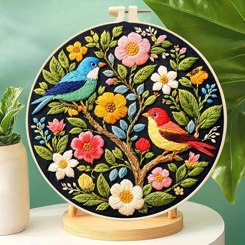 Zhenqing Floral Tree with Birds Embroidery Kit for Beginners, Pre-Printed 29x29cm Cotton Fabric with 20cm Hoop, Colorful Spring Garden Design (C0239)