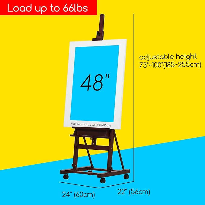 MEEDEN Studio Wood H-Frame Easel: Art Easel with Storage for Artist | Wooden Artist Painting Easel on Wheel - Floor Easel with Movable Tilting for Adults Artist Art Students Beginners Deep Walnut