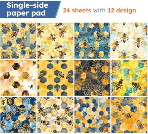 6-inch Bee Scrapbooking Paper Pad - 24 Sheets Aesthetic Patterned Decorative Collage Junk Journal Decoupage for Origami Wrapping Folded Supplies Gift Cards DIY Crafts Scrapbook Photo Album