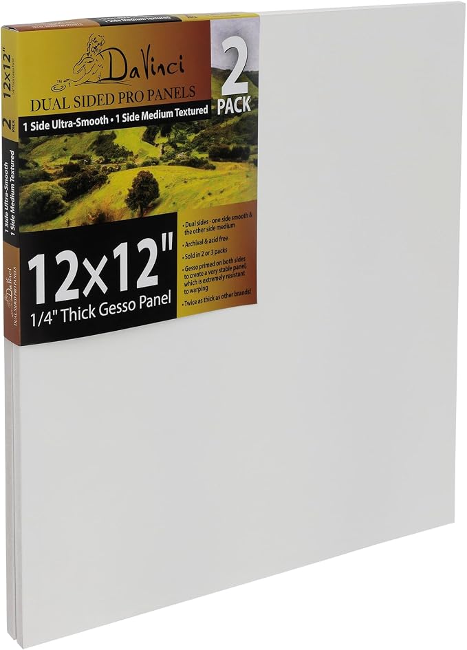 Jerry's Artarama Da Vinci Dual Sided Pro Panel Board - 2-Pack, 12x12" 6mm Deep Panels for Painting - Archival, Acid-Free Art Supplies - Ultra-Smooth & Medium Textured Paint Surfaces
