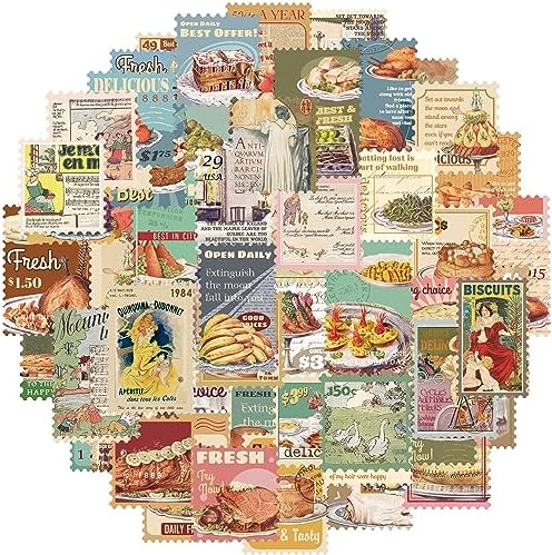 Prstincol 100 Pcs Scrapbooking Stickers,Food Stickers for Scrapbooking,Vintage Stamp Sticker for Journaling,Retro Poster Sticker for Water Bottle Laptop Phones Bullet Journal