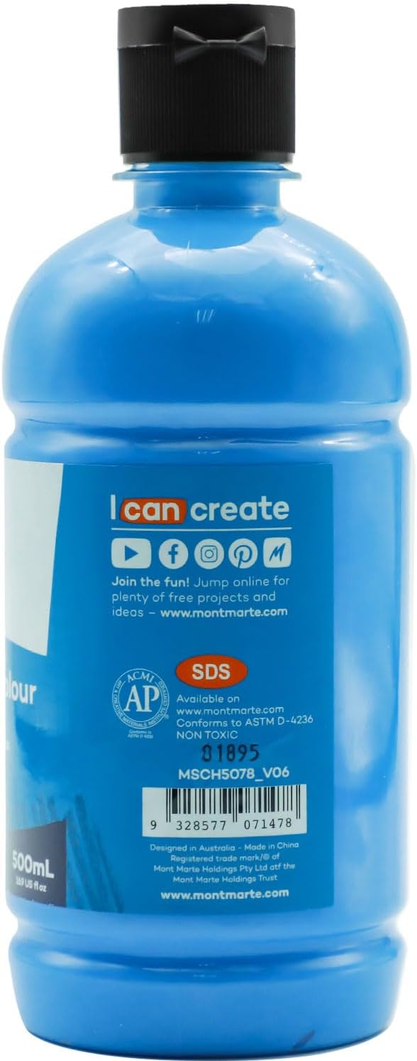 Mont Marte Signature Fluoro Blue Acrylic Paint, 16.9oz (500ml), Semi-Matte Finish, 12 Colors, Suitable for Canvas, Wood, Fabric, Leather, Cardboard, Paper, MDF and Crafts