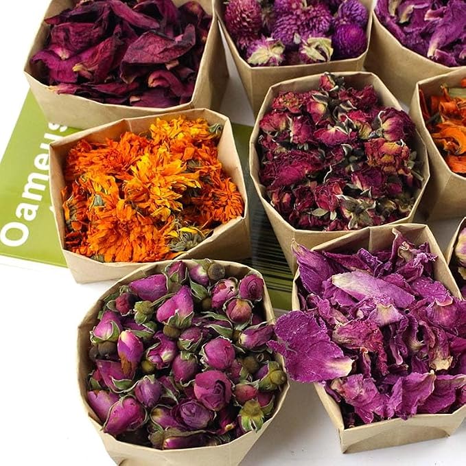 9 Bags Set Dried Flowers - Candle Making Soap Making DIY Candel Natural Flowers-,Lily,Don't Forget Me,Lavender,Mint Leaf,Rose Petal, Red Rose,Globe Amaranth,Chrysanthemum.