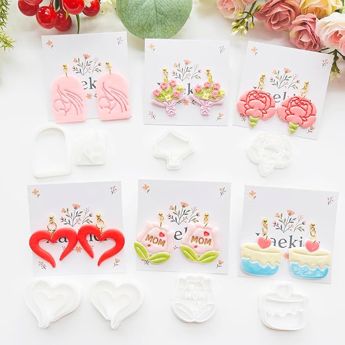 Mother’s Day Polymer Clay Cutters & Stamp Set - 12pcs Sharp & Durable Mom, Heart, Cake, Carnation & Gift Shapes for DIY Earring Jewelry Making, Soft Clay Crafts & Holiday Supplies