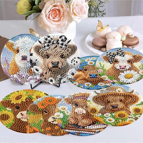 8 Pack Diamond Art Coasters,Highland Cow Diamond Painting Coasters Kits