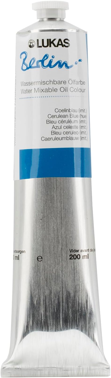 Lukas Berlin Pro Artists Water Mixable Oil Paint 200 ml Tube Cerulean Blue Hue, Water Soluble, Lightfast Pigments, Quick Drying, Easy Clean-Up, Eco-Friendly, Professional Quality, 40 Color Range