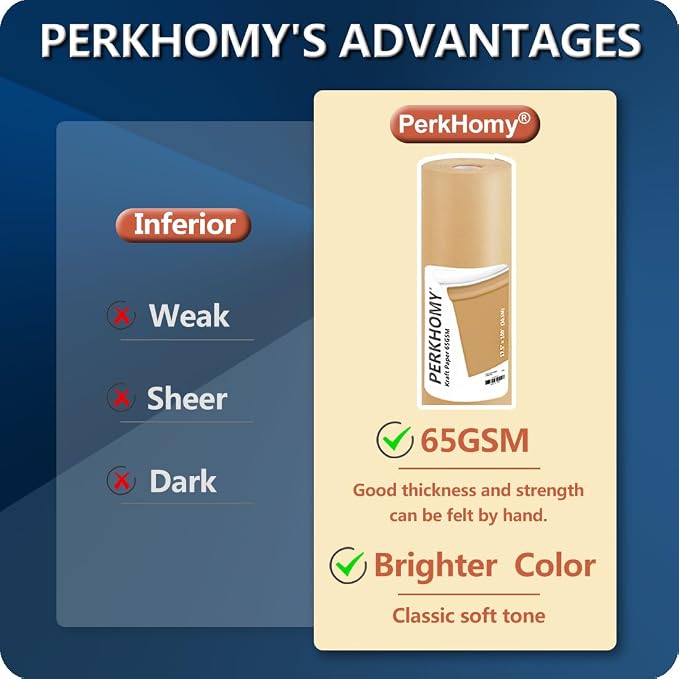 PerkHomy Brown Kraft Paper Roll 17.5" x 3,600" (300') for Gift Wrapping Bulletin Board Craft Art Bouquet Flower Packing Moving Shipping Floor Covering Table 70GSM 50LB (Brown, 17.5" x 300')