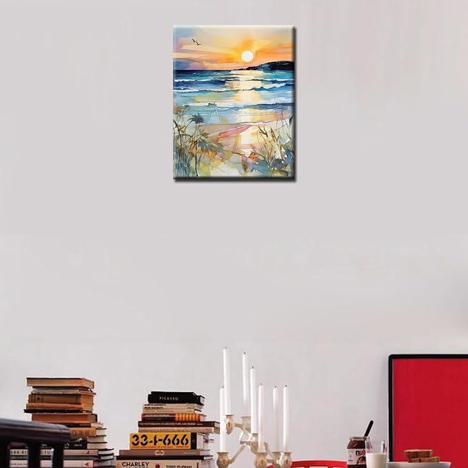 Sunset Beach Sea Landscape Paint by Numbers Kits 16x20 inch Canvas DIY Oil Painting for Kids, Students, Adults Beginner with Brushes Acrylic Pigment Graffiti Abstract Beach Photo Gift(DIY Frame)