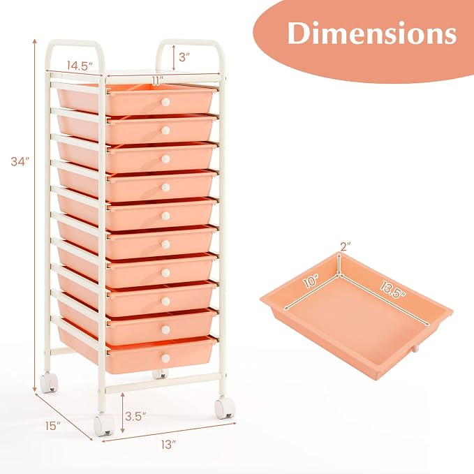 COSTWAY 10-Drawer Rolling Storage Cart, Utility Mobile Trolley