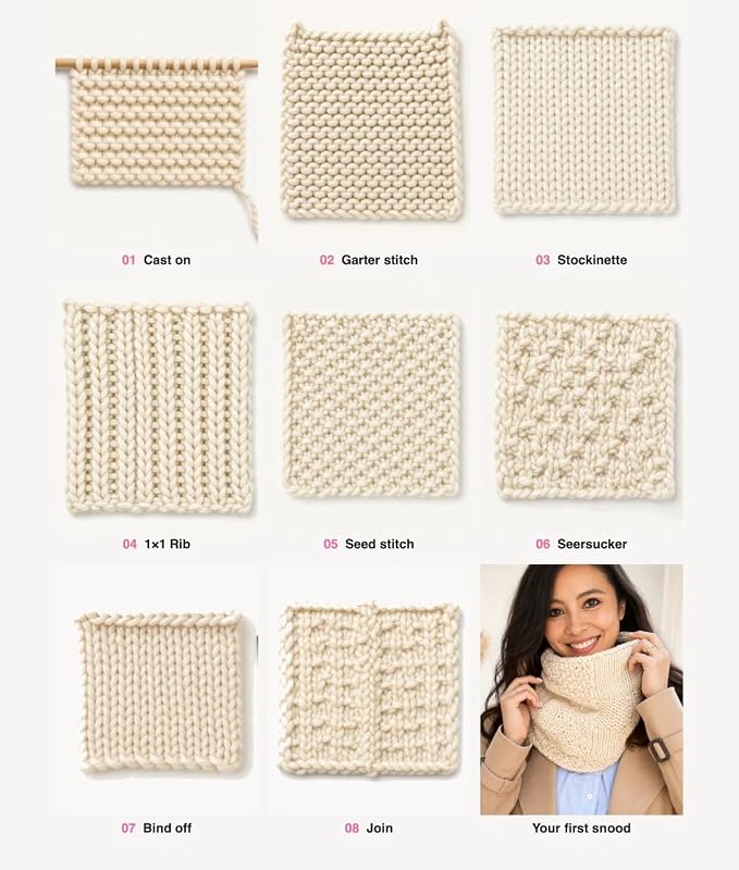 We Are Knitters Stitch Sampler Knitting Kit | Beginner-Friendly Knitting Starter Kit with Cotton Yarn | Learn Essential Stitches & Make Your First Snood