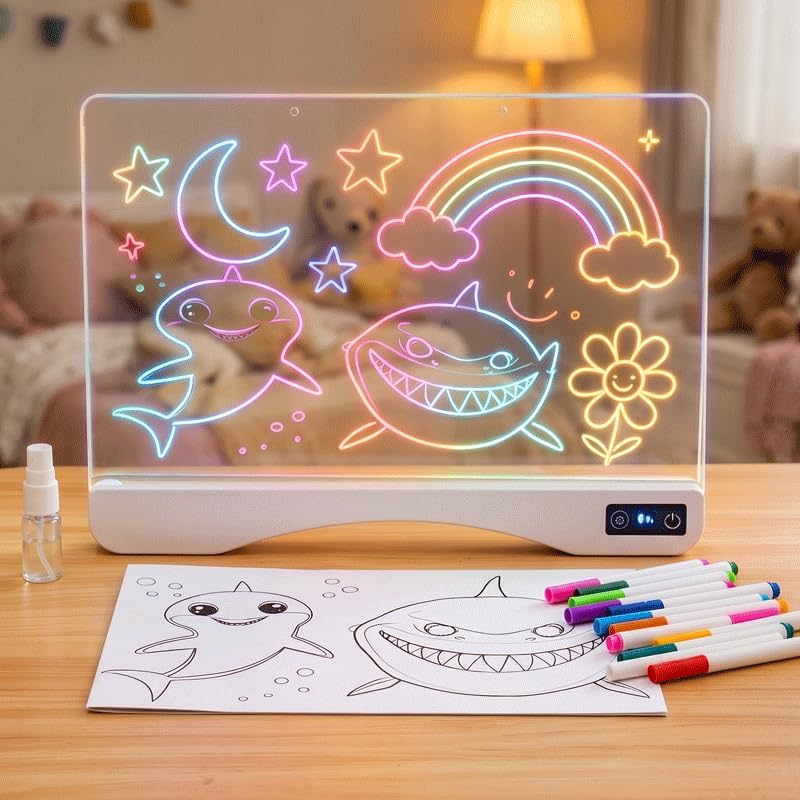 Rechargeable LED Glow Drawing Board, 9 Colors 6 Light Modes Scratch Proof Dry Erase Art Set with Stand, 12 Markers & Sketch Book, Birthday Gift for Toddlers Kids Ages 3+