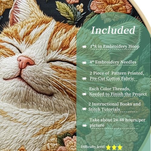 FONNUY 2 Set Embroidery Kit DIY for Adult Beginner, Pre-Stamped Patterns Mountain Sea Embroidery Kits with Hoop, Colored Threads and Needles, Easy to Follow Needlework (Cute Cats)