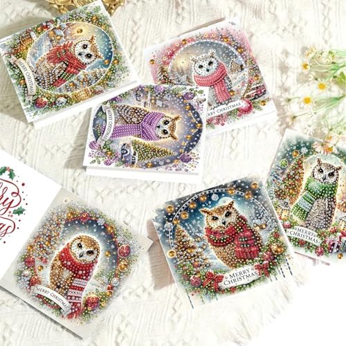 6Pcs Christmas Greeting Card DIY Diamond Art Painting Greeting Cards Blessing Folding Card Kit with White Envelopes Diamond Arts Crafts for Birthday Festival Gift-Owl