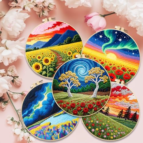ACRNIGHEET 5 Pack Embroidery Kit for Beginners Adults, Stamped Cross Stitch Kits, Hand Embroidery Starter Kit Including 5 Stamped Embroidery Cloth, Colorful Threads, Hoop, Instruction, Gift Idea