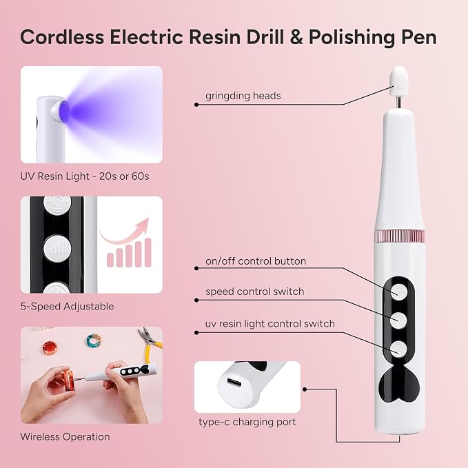 Resin Rotary Tool for Resin Molding, Manicure, Wooden DIY Crafts | Sanding, Grinding, Polishing, Drilling, 5-Speed Adjustable, Wireless, Rechargable