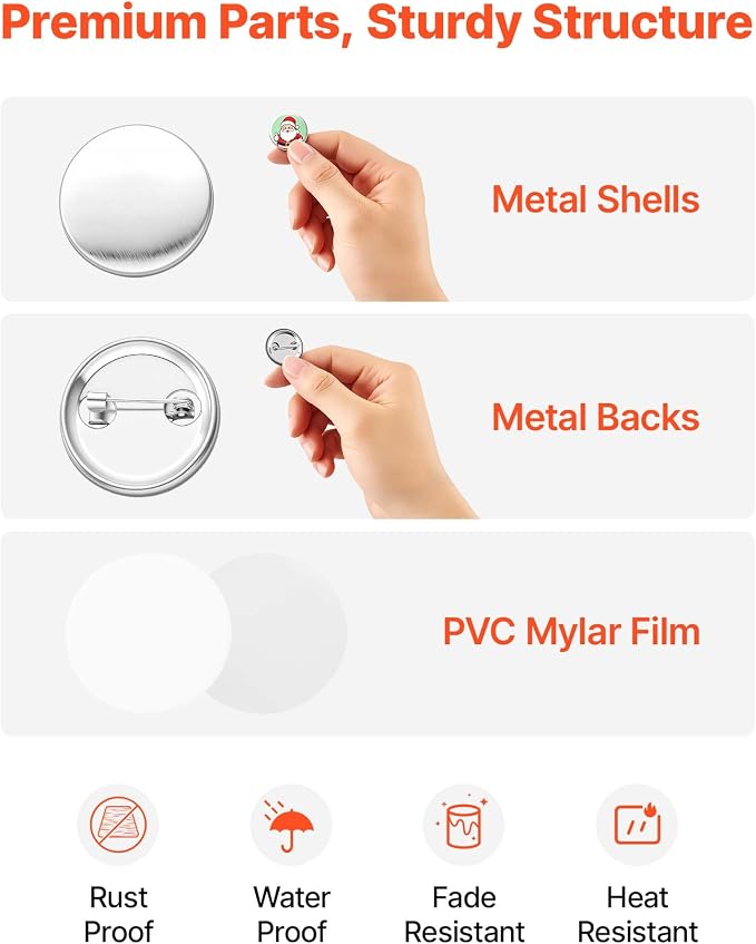 VEVOR Button Maker Supplies 200 Sets 1 in / 25 mm Pin Back Button Parts, with Metal Backs, Metal Shells, Clear Mylar Films, and Blank Circle Papers, for Home DIY, School Events, and Custom Studio