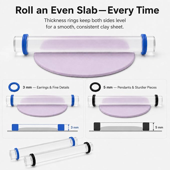 Diyoohomy Clay Rolling Pin Thickness Rings, Acrylic Roller Polymer Tools | Air Dry Clay Supplies Kit, Small Clear Roller with 3 and 5 Mm Adjustable Guides for Sculpting, Shaping, Jewelry Making Crafts
