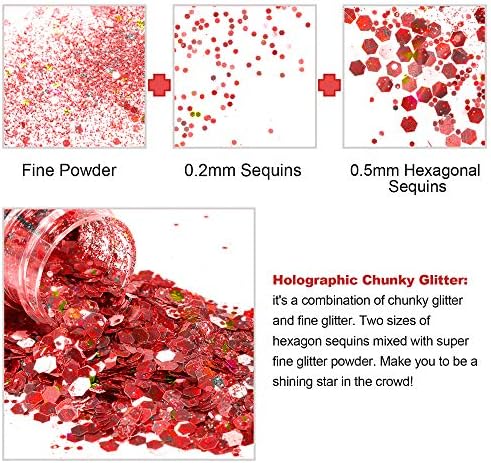HEMOER Holographic Chunky Glitter, 12 Colors Sparkle Sequins, Mix Exclusive Polyester Glitter Set for Epoxy Resin, Tumblers,Crafts, Makeup, Festival Party Decoration - 0.42oz Each Bottle
