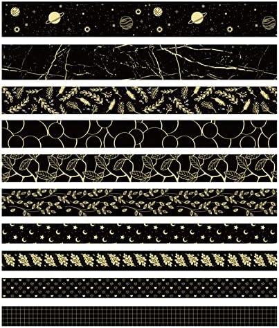 Creative Washi Tape Set 10 Rolls Gold Foil Print Decorative Masking Tapes for Arts, DIY Crafts, Journals, Planners, Scrapbook, Wrapping (Gold Dark)