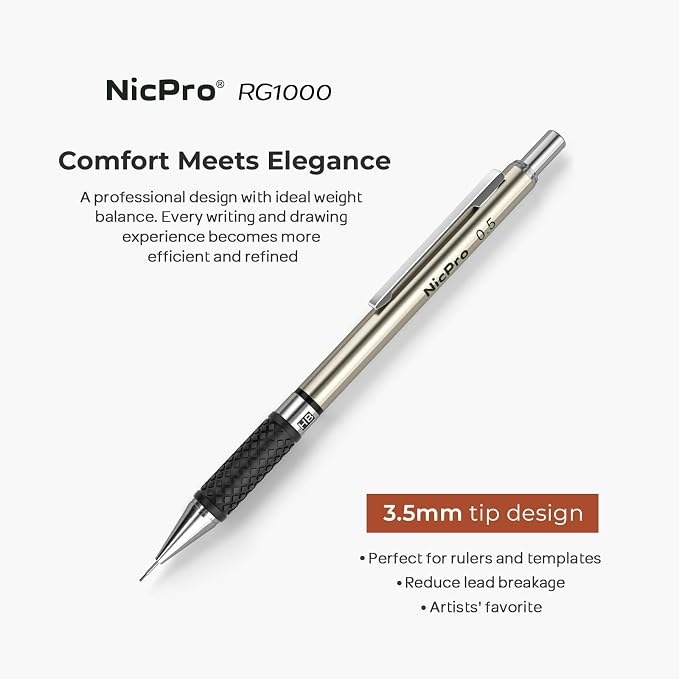 Nicpro 0.5 mm Art Mechanical Pencils Set in Case, 6 PCS | Metal Drafting Pencil Lead Pencil 0.5 + 6 Tube HB Refill, Erasers, Comfort Grip For School Writing, Artist Drawing Sketching