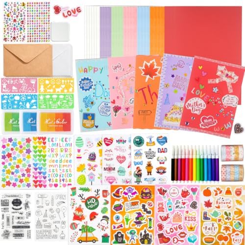 Ohanniewa 30 Pack Card Making Kit – Blank Greeting Cards & Envelopes, Stamp Set, 12 Colored Pens, Stencil Cards, Festival Stickers – DIY Craft Set for Birthdays, Christmas, Thank You & All Occasions