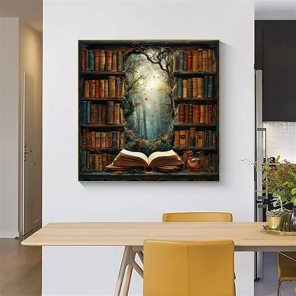 Retro bookshelf Diamond Art Kits for Adults, Diamond Painting Kit for Beginners, Round 5D DIY Diamond Dots art,Full Drill Painting Kit Art and Crafts for Adults Home Wall Decor【13.8x13.8inch】