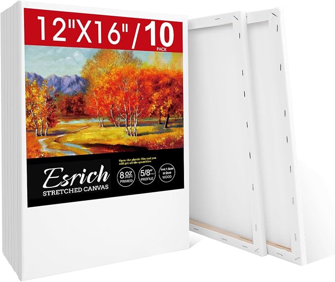 ESRICH Stretched Canvas for Painting 12x16 Inch, 10 Pack Blank Canvas -5/8 in Profile Primed Cotton White Canvases for Painting for Oil & Acrylic Paint