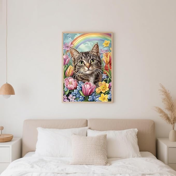 Cat Diamond Art Kits for Adults, 5D DIY Diamond Painting Kits 12x16 inch | Dorwendis Flower 5D DIY Diamond Painting Kits for Beginners, Full Round Diamond Art Kits Craft for Home Wall Decor 12x16 inch