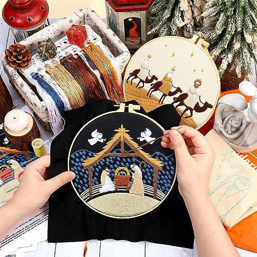 Tigeen 5 Sets Christian Nativity Scene Embroidery Kits for Starter Beginners Adult Jesus Cross Stitch Embroidery Kit Christian DIY Crafts Ornament with Instruction Hoop Needle Thread Needle Threader