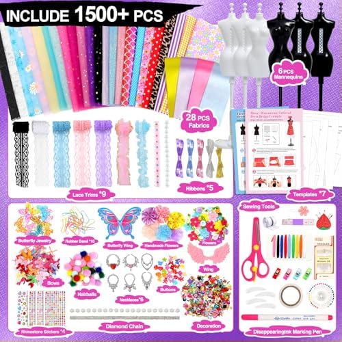 Sunrad 1500+ PCS Fashion Designer Kits for Girls with 6 Mannequins, DIY Arts & Crafts Sewing Kit for Kids Doll Clothes Making Toys, Birthday Gifts for Girls Age 6 7 8 9 10 11 12+