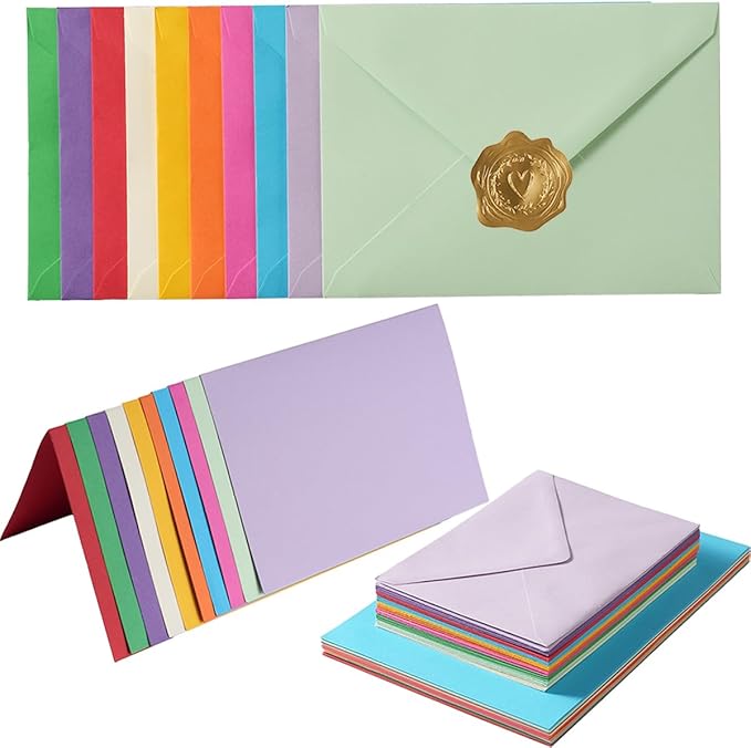 50 Pack A7 Colorful Envelopes with 5x7 Folded Cardstock Gold Stickers | With Blank Cards For Greeting Cards, Wedding, Birthday Party, Baby Showers, Invitations