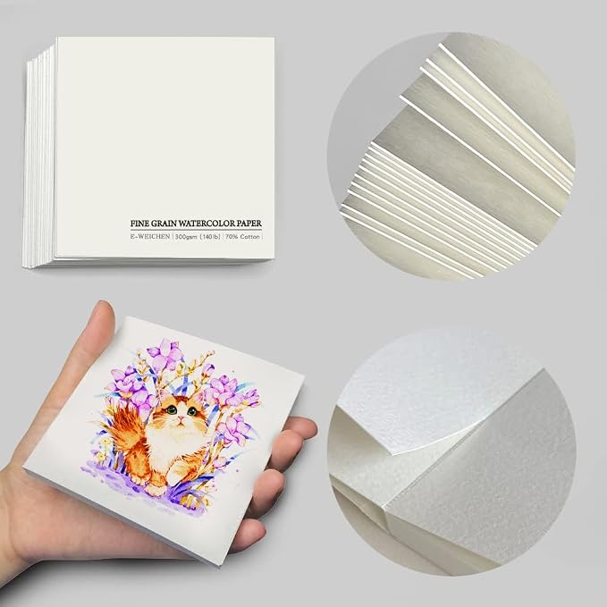 Tearable Square 3.9X3.9 300gsm Portable Fine Textures Watercolor Paper Pad Journal 40pgs (20 Sheets) Travel Size for Calligrapher Watercolour Sketch Book Notebook. White 1pc